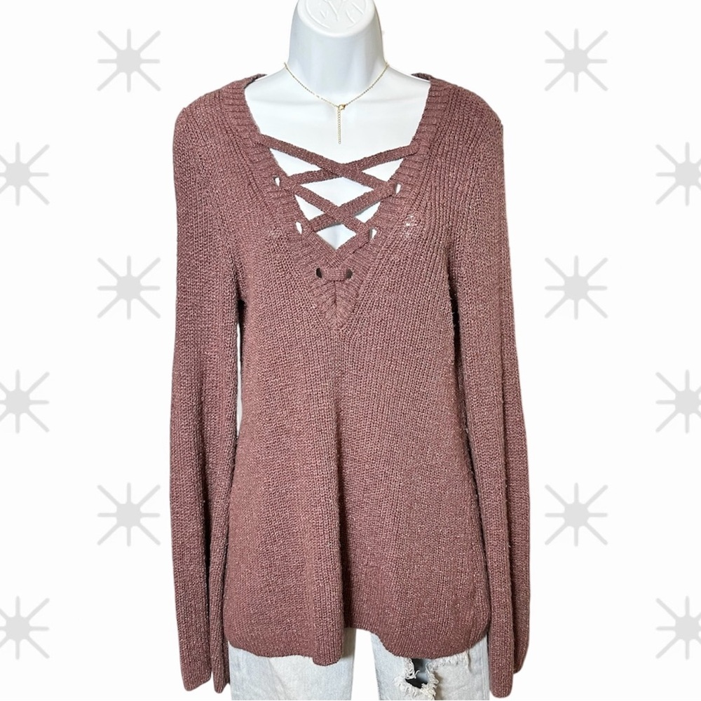 American Eagle Lace Up Knit Sweater Mauve Dusty Rose Soft Cozy Fall Top Size Med